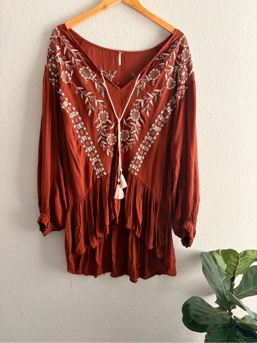 Free People Wild Dreams Embroidered Tunic Top Dress Medium Rust Long Sleeve